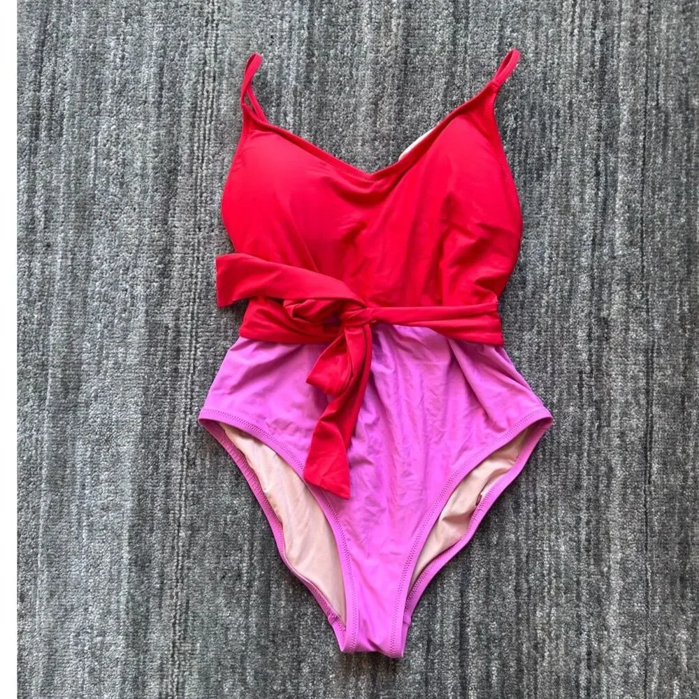 J. Crew Belted colorblock one-piece swimsuit bathing suit Sz 8